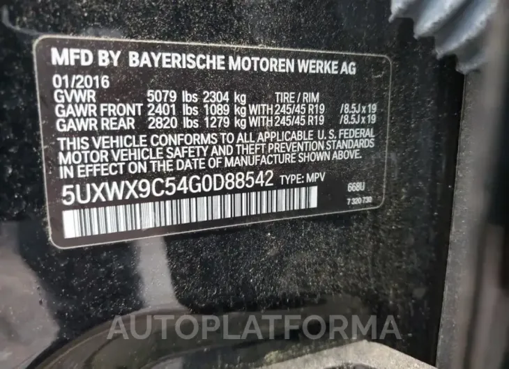 BMW X3 XDRIVE2 2016 vin 5UXWX9C54G0D88542 from auto auction Copart