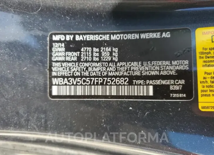 BMW 428 I 2015 vin WBA3V5C57FP752682 from auto auction Copart