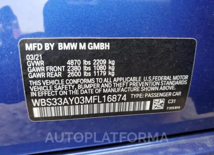 BMW M3 COMPETI 2021 vin WBS33AY03MFL16874 from auto auction Copart