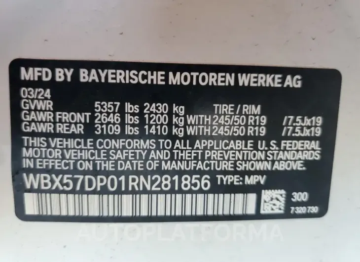 BMW X3 XDRIVE3 2024 vin WBX57DP01RN281856 from auto auction Copart