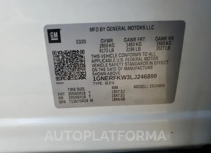 CHEVROLET TRAVERSE L 2020 vin 1GNERFKW3LJ246899 from auto auction Copart