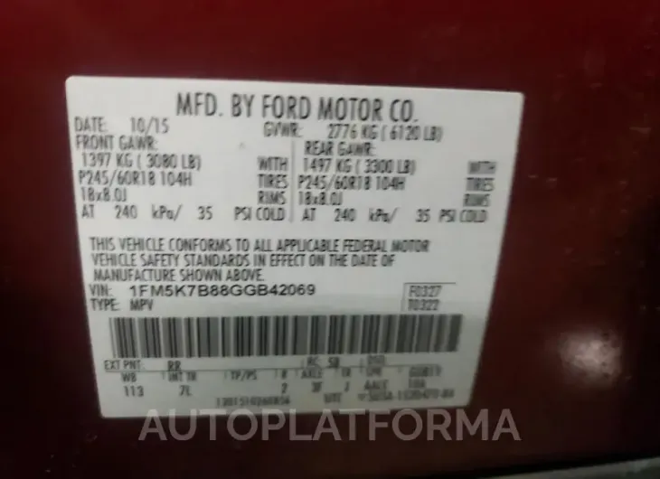 FORD EXPLORER 2016 vin 1FM5K7B88GGB42069 from auto auction Copart