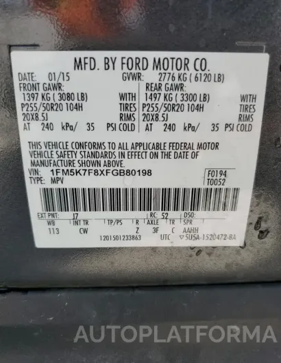 FORD EXPLORER L 2015 vin 1FM5K7F8XFGB80198 from auto auction Copart