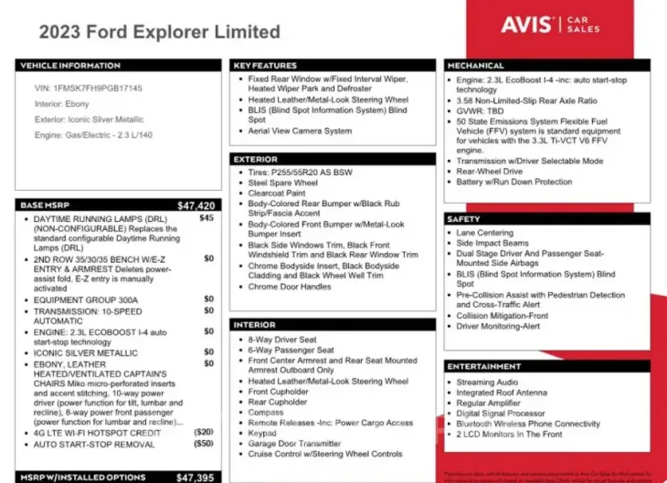 FORD EXPLORER L 2023 vin 1FMSK7FH9PGB17145 from auto auction Copart