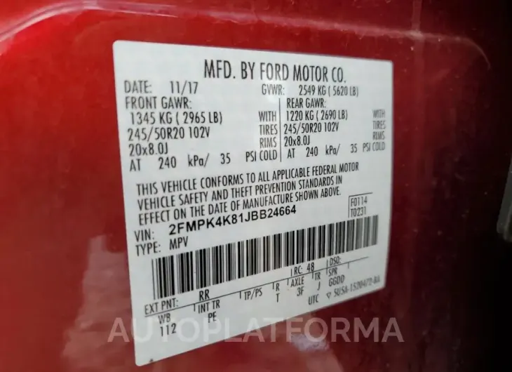 FORD EDGE TITAN 2018 vin 2FMPK4K81JBB24664 from auto auction Copart