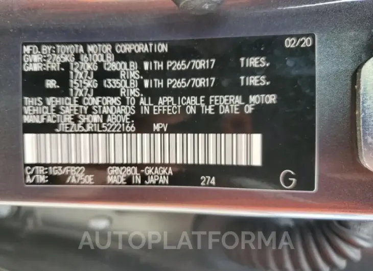 TOYOTA 4RUNNER SR 2020 vin JTEZU5JR1L5222166 from auto auction Copart