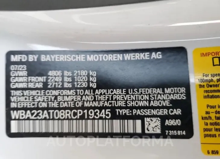 BMW 430I 2024 vin WBA23AT08RCP19345 from auto auction Copart