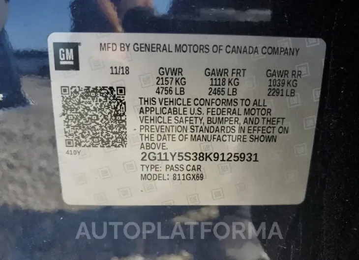 CHEVROLET IMPALA LS 2019 vin 2G11Y5S38K9125931 from auto auction Copart