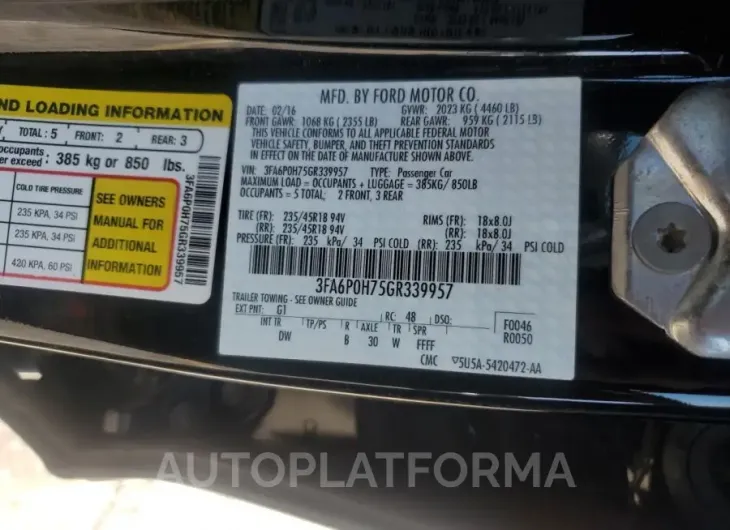 FORD FUSION SE 2016 vin 3FA6P0H75GR339957 from auto auction Copart