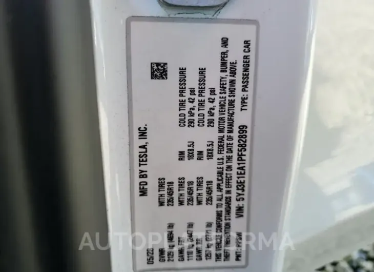 TESLA MODEL 3 2023 vin 5YJ3E1EA1PF582899 from auto auction Copart