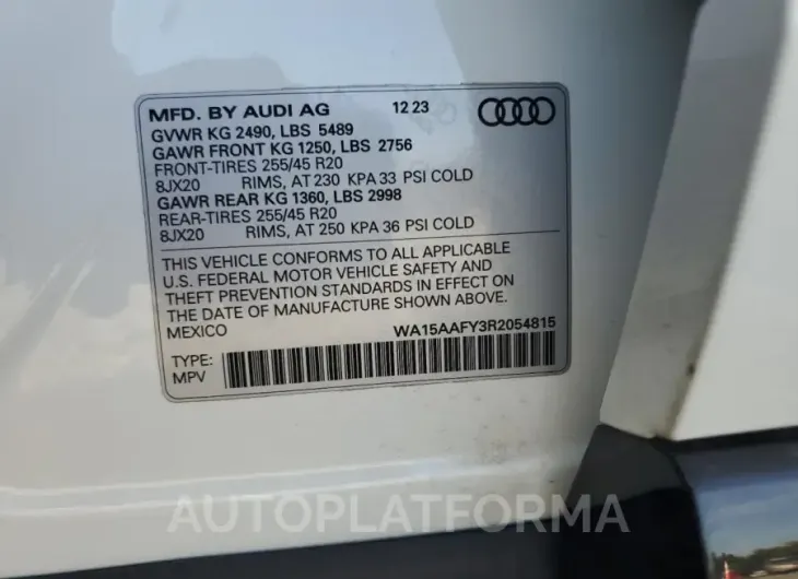 AUDI Q5 SPORTBA 2024 vin WA15AAFY3R2054815 from auto auction Copart