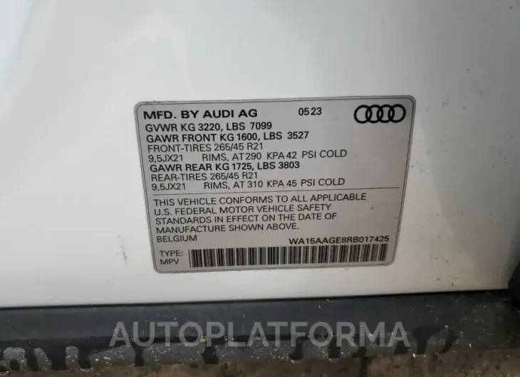 AUDI Q8 E-TRON 2024 vin WA15AAGE8RB017425 from auto auction Copart