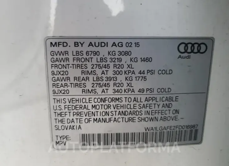 AUDI Q7 PREMIUM 2015 vin WA1LGAFE2FD016987 from auto auction Copart