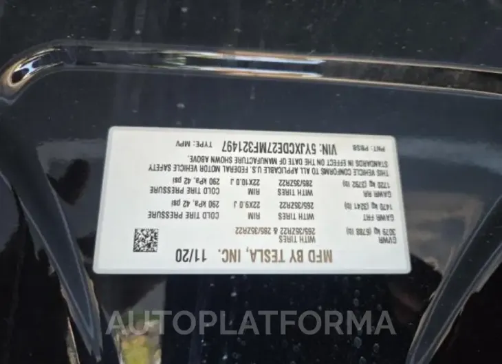 TESLA MODEL X 2021 vin 5YJXCDE27MF321497 from auto auction Copart