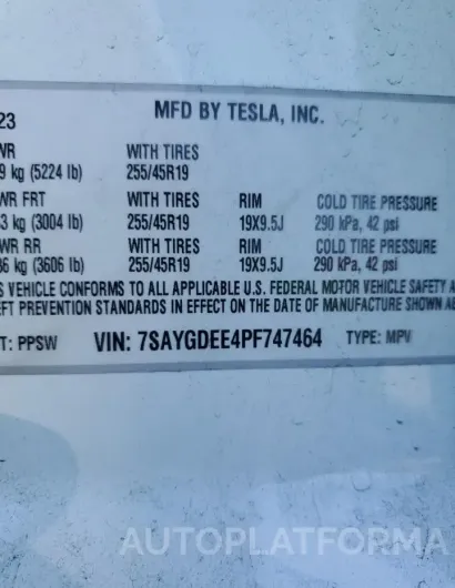 TESLA MODEL Y 2023 vin 7SAYGDEE4PF747464 from auto auction Copart