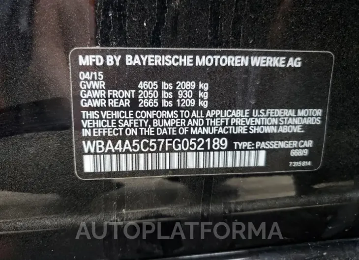 BMW 428 I GRAN 2015 vin WBA4A5C57FG052189 from auto auction Copart