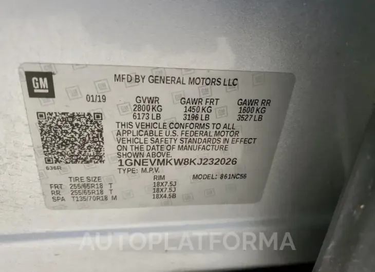 CHEVROLET TRAVERSE L 2019 vin 1GNEVMKW8KJ232026 from auto auction Copart