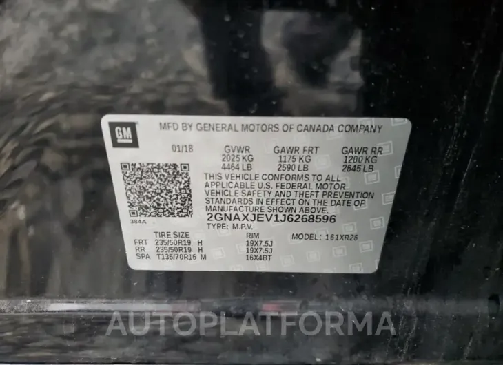 CHEVROLET EQUINOX LT 2018 vin 2GNAXJEV1J6268596 from auto auction Copart