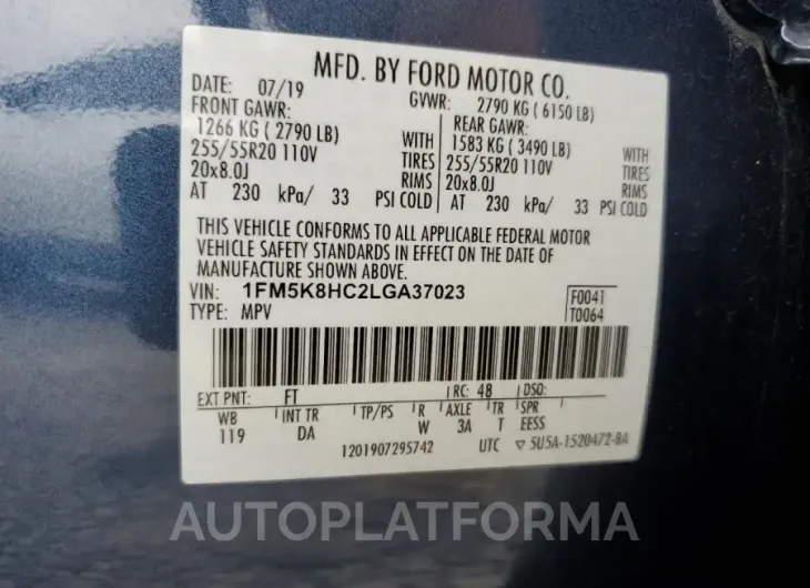 FORD EXPLORER P 2020 vin 1FM5K8HC2LGA37023 from auto auction Copart