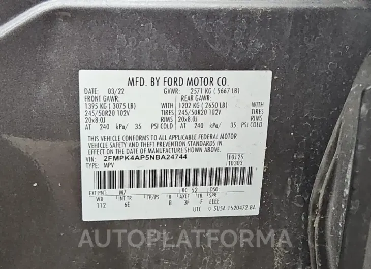 FORD EDGE ST 2022 vin 2FMPK4AP5NBA24744 from auto auction Copart