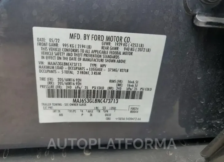 FORD ECOSPORT S 2022 vin MAJ6S3GL8NC473713 from auto auction Copart