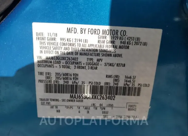 FORD ECOSPORT S 2019 vin MAJ6S3GLXKC263402 from auto auction Copart