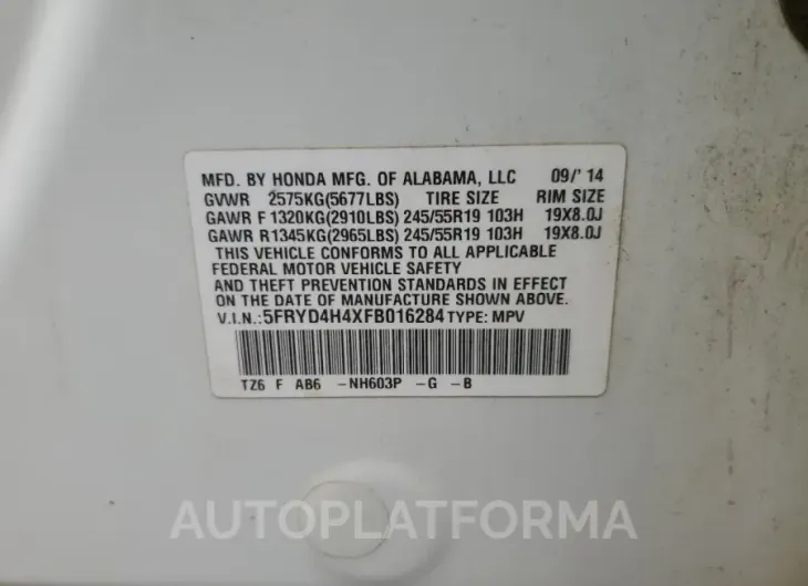 ACURA MDX TECHNO 2015 vin 5FRYD4H4XFB016284 from auto auction Copart