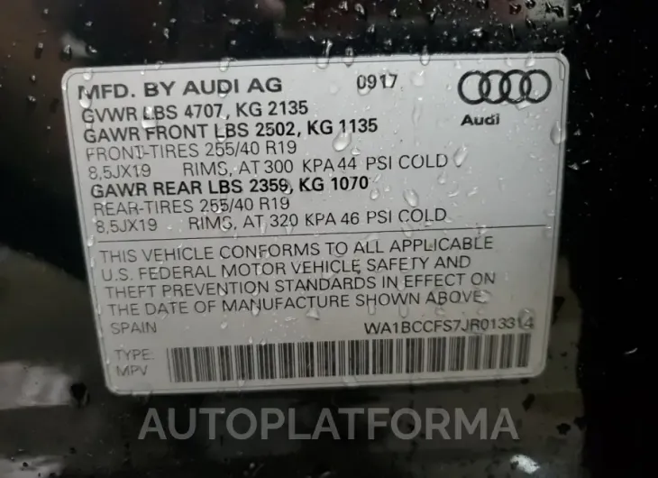 AUDI Q3 PREMIUM 2018 vin WA1BCCFS7JR013314 from auto auction Copart