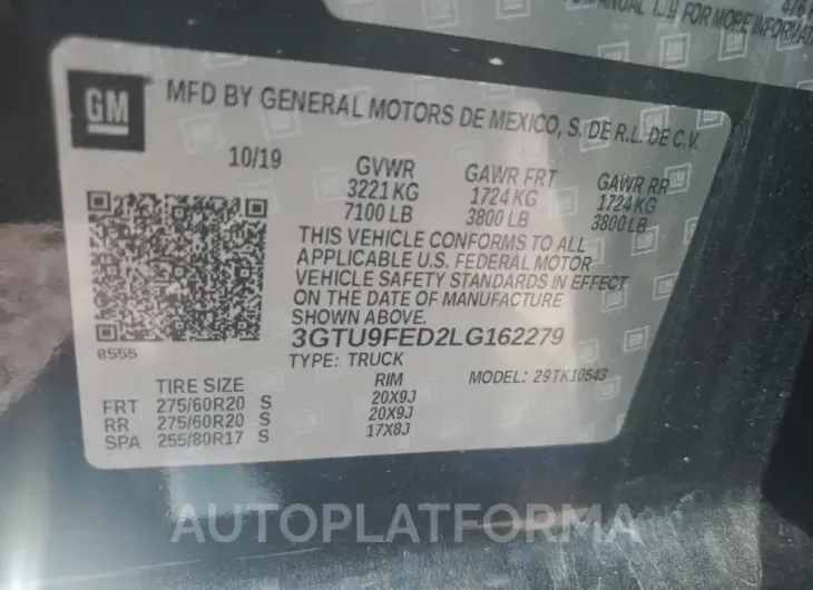 GMC SIERRA K15 2020 vin 3GTU9FED2LG162279 from auto auction Copart