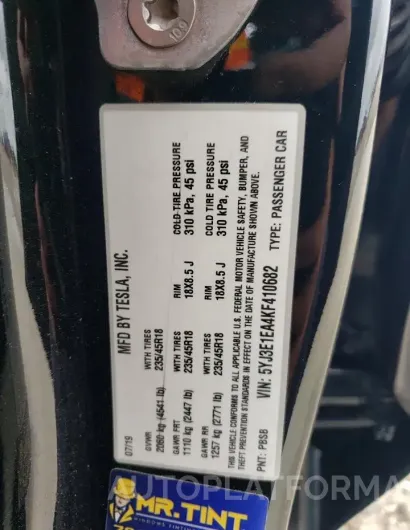 TESLA MODEL 3 2019 vin 5YJ3E1EA4KF410682 from auto auction Copart