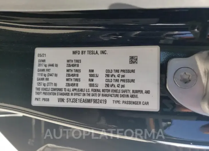 TESLA MODEL 3 2021 vin 5YJ3E1EA6MF982419 from auto auction Copart