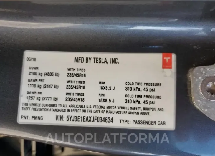 TESLA MODEL 3 2018 vin 5YJ3E1EAXJF034634 from auto auction Copart