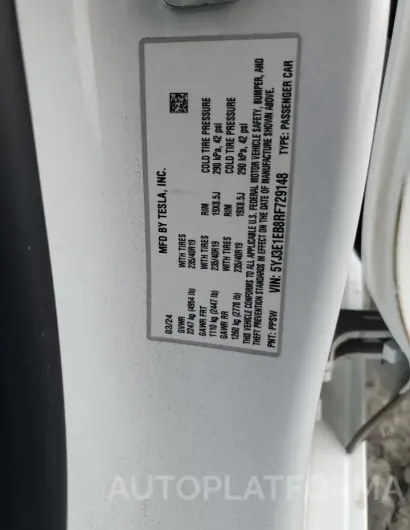 TESLA MODEL 3 2024 vin 5YJ3E1EB8RF729148 from auto auction Copart