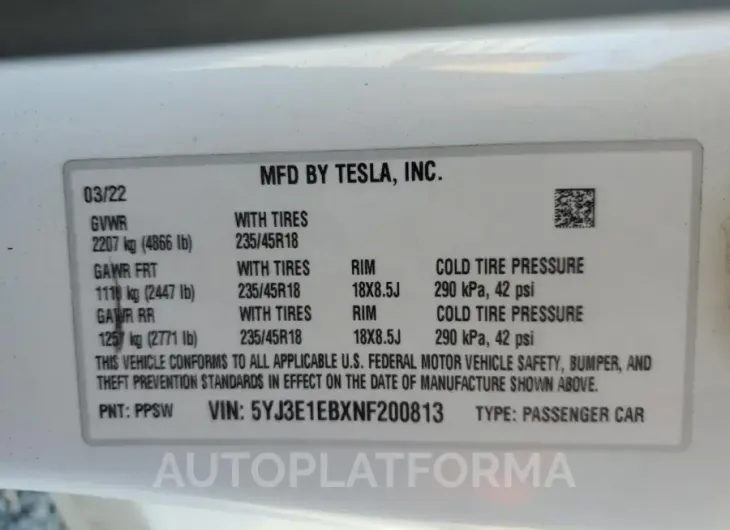 TESLA MISC PARTS 2022 vin 5YJ3E1EBXNF200813 from auto auction Copart