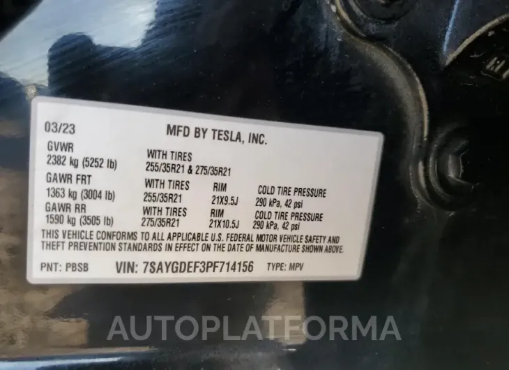 TESLA MODEL Y 2023 vin 7SAYGDEF3PF714156 from auto auction Copart