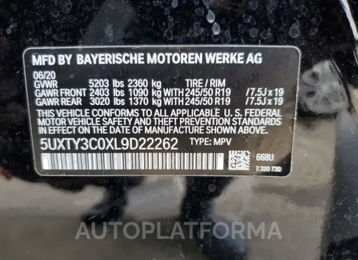 BMW X3 SDRIVE3 2020 vin 5UXTY3C0XL9D22262 from auto auction Copart