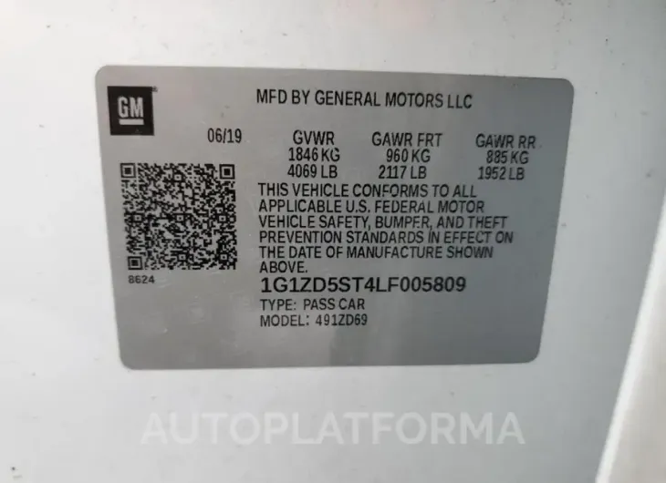 CHEVROLET MALIBU LT 2020 vin 1G1ZD5ST4LF005809 from auto auction Copart