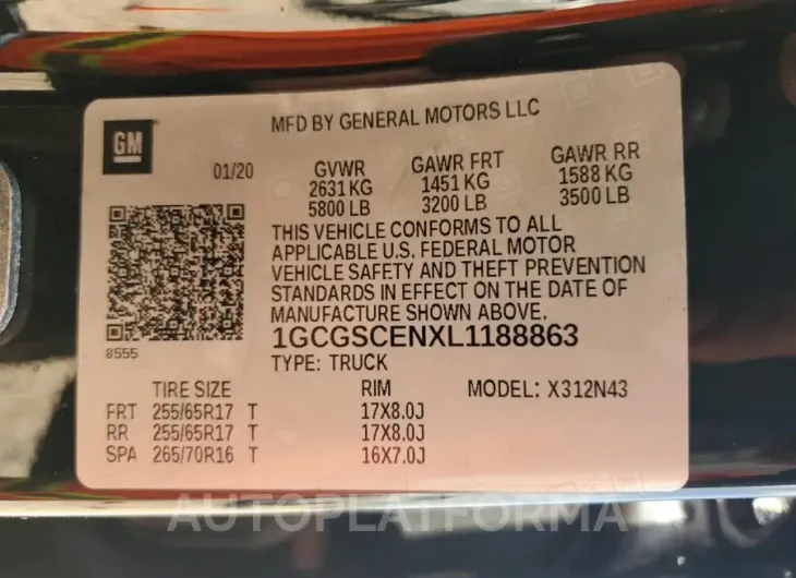 CHEVROLET COLORADO L 2020 vin 1GCGSCENXL1188863 from auto auction Copart