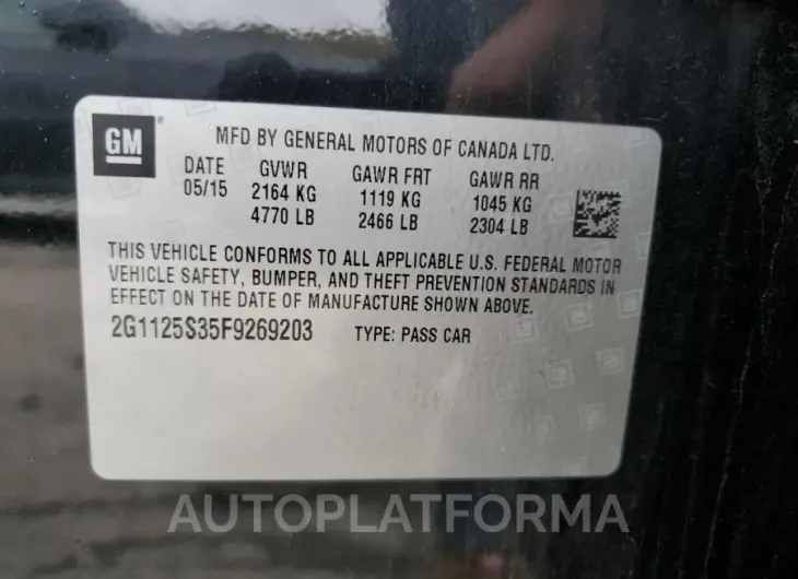 CHEVROLET IMPALA LT 2015 vin 2G1125S35F9269203 from auto auction Copart