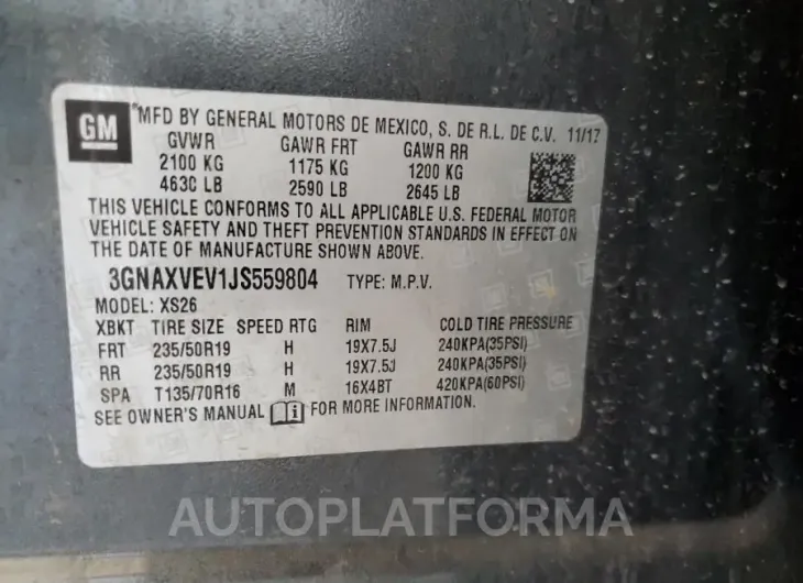 CHEVROLET EQUINOX PR 2018 vin 3GNAXVEV1JS559804 from auto auction Copart