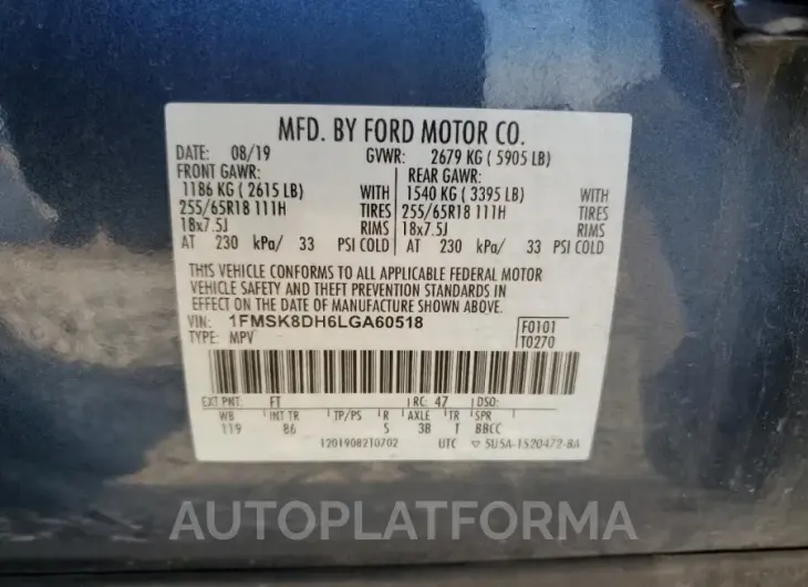 FORD EXPLORER X 2020 vin 1FMSK8DH6LGA60518 from auto auction Copart