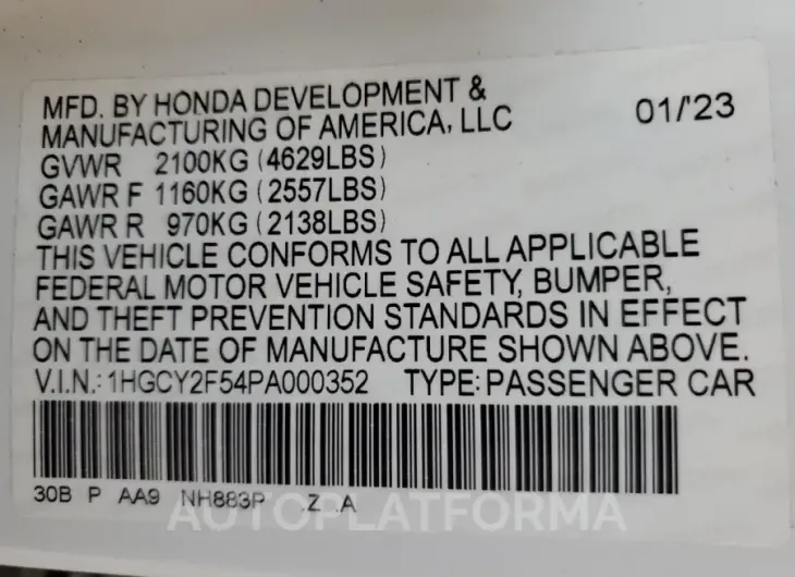 HONDA ACCORD HYB 2023 vin 1HGCY2F54PA000352 from auto auction Copart