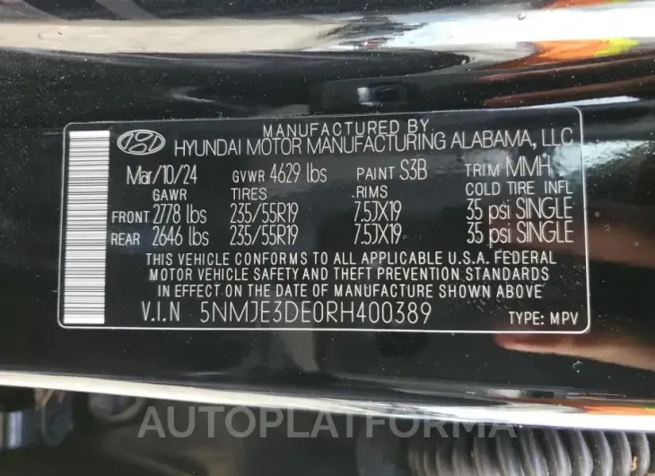 HYUNDAI TUCSON LIM 2024 vin 5NMJE3DE0RH400389 from auto auction Copart