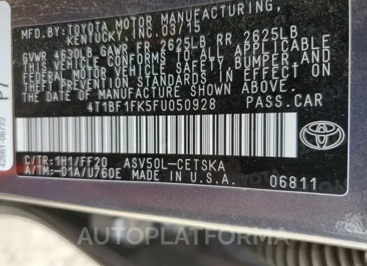 TOYOTA CAMRY LE 2015 vin 4T1BF1FK5FU050928 from auto auction Copart