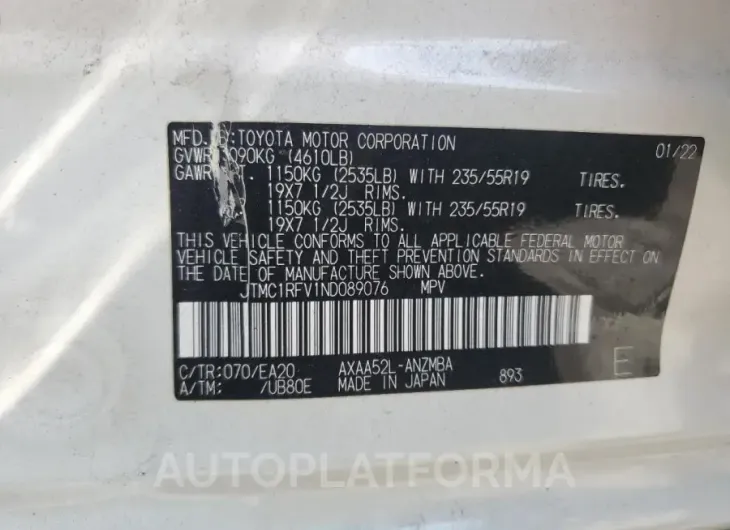 TOYOTA RAV4 XLE P 2022 vin JTMC1RFV1ND089076 from auto auction Copart