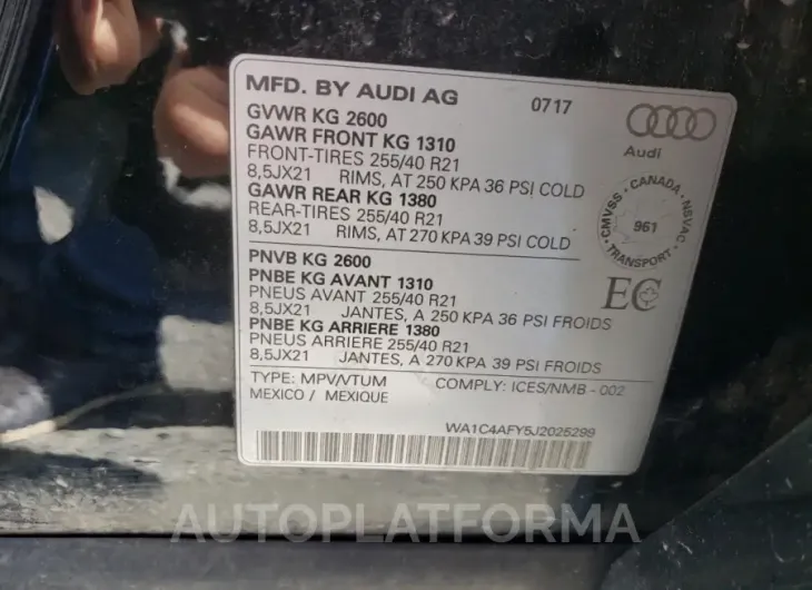 AUDI SQ5 PRESTI 2018 vin WA1C4AFY5J2025299 from auto auction Copart