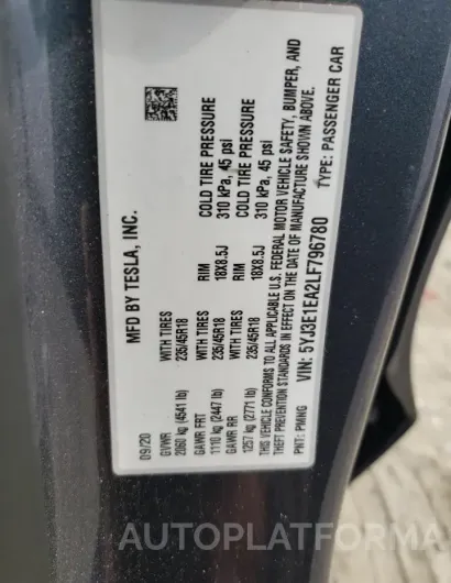 TESLA MODEL 3 2020 vin 5YJ3E1EA2LF796780 from auto auction Copart