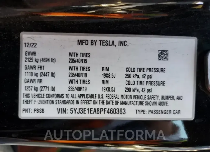 TESLA MODEL 3 2023 vin 5YJ3E1EA8PF460363 from auto auction Copart