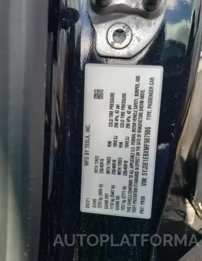 TESLA MODEL 3 2021 vin 5YJ3E1EBXMF987986 from auto auction Copart