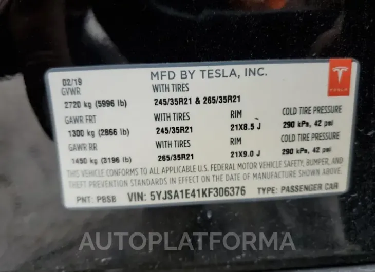 TESLA MODEL S 2019 vin 5YJSA1E41KF306376 from auto auction Copart